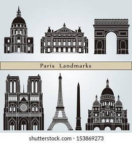 Paris landmarks and monuments isolated on blue background in editable vector file