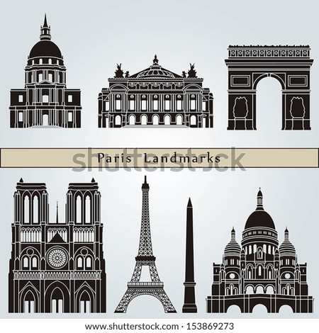 Paris landmarks and monuments isolated on blue background in editable vector file