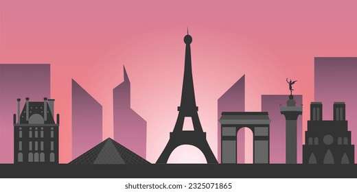 Paris landmarks panorama silhouette vector, the most famous city of France. Background of pink and purple gradients