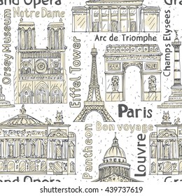 Paris landmarks seamless vector pattern. Hand drawn  Eiffel Tower, Notre de Paris, Arc de Triomphe,  Grand Opera, Pantheon