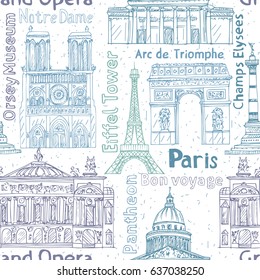 Paris landmarks seamless vector pattern. Hand drawn  Eiffel Tower, Notre Dame de Paris, Arc de Triomphe,  Grand Opera, Pantheon