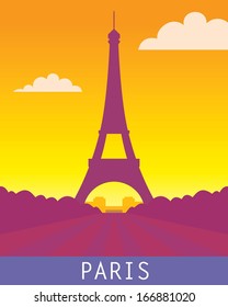 paris landscape with eiffel tower, sunset 