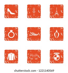 Paris landscape icons set. Grunge set of 9 Paris landscape vector icons for web isolated on white background