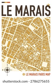 Paris Le marais district vector mapping. France city popular area map illustration for poster, print, social media post. Simple and editable street plan layout. Vintage, retro style