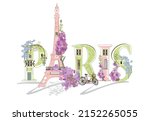 Paris lettering decorated with flowers and the Eiffel tower and other architecture sights. Hand drawn vector illustration.