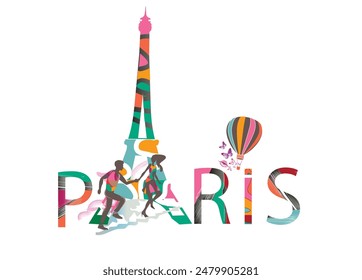 Paris lettering decorated with flowers, a romantic couple and the Eiffel tower. Hand drawn vector illustration.