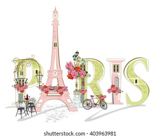 Paris lettering decorated with flowers, windows, doors, lanterns and Eiffel tower.