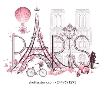 Paris Schriftzug mit Eiffelturm und Notre Dame de Paris, Heißluftballon, verliebtes Paar, Fahrrad Retro-Roller. Romantische Postkarte aus Frankreich. Vektorillustration isoliert auf weißem Hintergrund