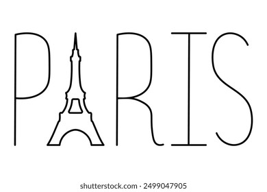 Paris lettering. Instead of letter A, the contour of the Eiffel Tower. Sketch. Vector illustration. Capital letters inscription. Outline on an isolated background. Idea for web design.