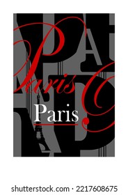 Paris Lettering. Lettering pattern in various fonts on a gray background. Interior poster Paris. Silhouette of the Eiffel Tower. French landmark. Abstract. Vector