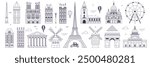 Paris line art web banner with travel monuments, popular buildings and air balloons. France capital architectural iconic landmarks and cultural symbols.