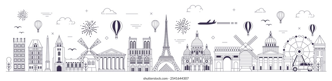 Paris line art web banner with travel city skyline scene with monuments, popular buildings and air balloons. France capital panorama with architectural iconic landmarks and cultural symbols.