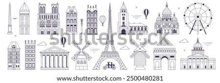 Paris line art web banner with travel monuments, popular buildings and air balloons. France capital architectural iconic landmarks and cultural symbols.