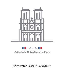 Paris line icon. Notre-Dame cathedral and flag vector illustration.