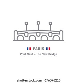 Paris line icon. Pont Neuf and French flag vector illustration.