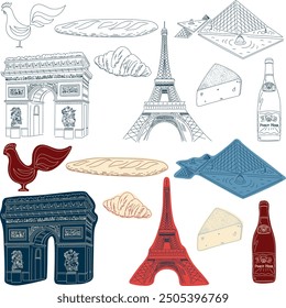 Paris in Lines: A Vector Art Collection Capturing the Quintessential Parisian Icons – Eiffel Tower, Arc de Triomphe, Louvre, Wine, Cheese, Baguette, Croissant, and the French Rooster