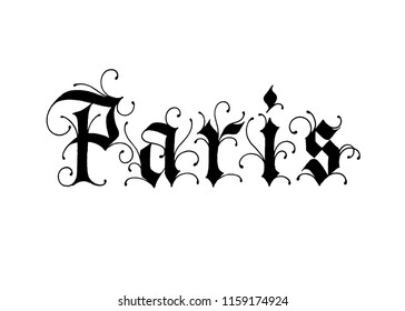 Paris logo design. Vector sign lettering. Gothic calligraphy with swirls