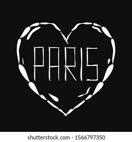 Paris logo with a heart. Paris and Eiffel tower badge. Grunge style. Liquid modern design. Hand drawn lettering. Fashion print for clothes, cards, picture banner for websites. Vector illustration