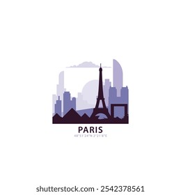 Paris logo with skyline, cityscape retro vector icon. France city horizon, facade, travel logotype