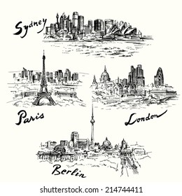 Paris, London, Berlin, Sydney - hand drawn collection