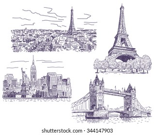 Paris, London and New-York vector drawings set