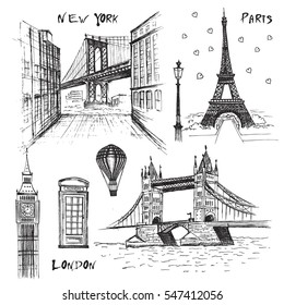 Paris, London and New-York vector drawings set