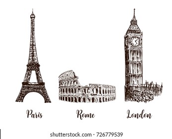Paris, London Rome. Set of European capitals symbols. Eiffel tower, Coliseum, Big Ben or clock tower, westminster. Vector hand drawn sketch illustration. Britain, Italy, France. architecture, travel