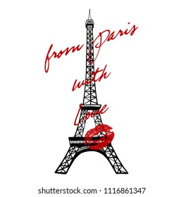 From Paris with love. Beautiful red lips kiss and Eiffel tower and hand draw lettering. Cute illustration with Paris fashion luxury design. Drawing of beauty symbol and love. Vector print for t-shirt