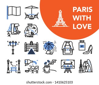 Paris with love blue vector icon set, France