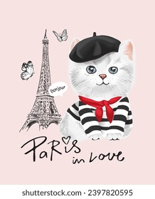 paris in love calligraphy slogan with cute kitten in stripe shirt and eiffel tower vector illustration