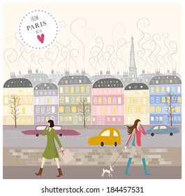 From Paris with love. The colorful illustration of buildings in french style with a beautiful women. Modern lifestyle. Women with mobile phones in hands. Colorful background for web and mobile design.