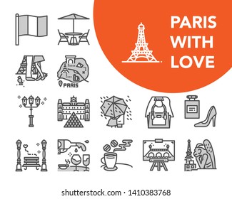 Paris with love grey vector icon set, France