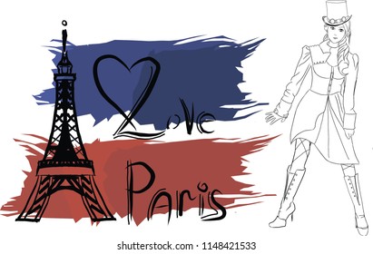 Paris love heart girl vintage, t-shirt print steampunk poster vector illustration isolated