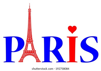 Paris with love hearts and Eiffel Tower made by red hearts