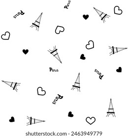 París, amor, corazones, Torre Eiffel monocromo patrón sin fisuras. Textura Abstractas para estampados, textiles, envoltura, Fondo de pantalla. Plantilla monocroma de diseño. Ilustración vectorial