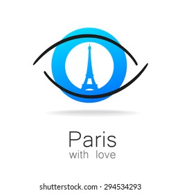 Paris with love - an idea for a design template sign. Silhouette of Eiffel Tower in the reflection eyes.