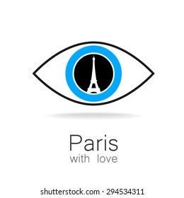 París con amor - una idea para un cartel de plantilla de diseño. Silhouette de la Torre Eiffel en los ojos de la reflexión.
