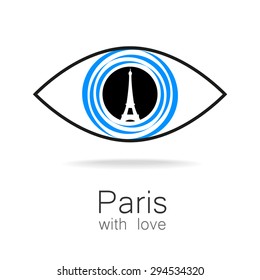 Paris with love - an idea for a design template sign. Silhouette of Eiffel Tower in the reflection eyes.