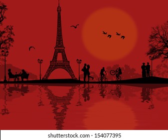 Paris in love on beautiful red sunset, vector illustration
