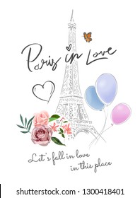 Paris in love slogan with Eiffel tower and flowers illustration