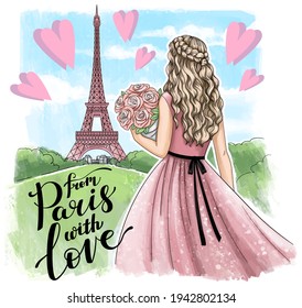 From Paris with love text. Young girl holding bouquet of roses with Eiffel tower on background. Vector illustration