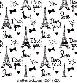 Paris I love you. Illustration black ink Eiffel Tower. Hand-drawing. Vector seamless pattern isolated on white background.