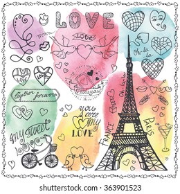 Paris love.Valentines day,wedding design,labels,hearts vintage elements,icons set.Hand drawing doodle vector.Watercolor artistic splashes.Love,romantic decor,bird,quotes,Eiffel tower.Retro decoration.