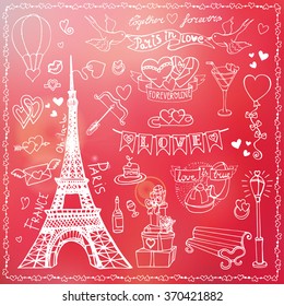 Paris love.Valentines day,wedding design,labels,hearts vintage elements,icons set.Hand drawing doodle vector.Love,romantic decor,birds,quotes,arrows ,lettering, Eiffel tower.Retro decoration.Blurred