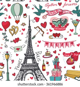 Paris love.Valentines day,wedding seamles pattern.Hearts vintage elements,icons.Hand drawing doodle vector.Love,romantic decor,birds,arrows ,lettering, Eiffel tower.Retro decoraion background