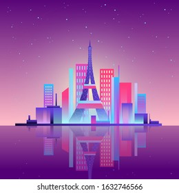 Paris made in neon, beautiful city, flat illustration. EPS 10