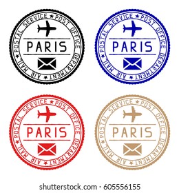 Paris mail stamps. Colored set of round impress. Vector illustration isolated on white background