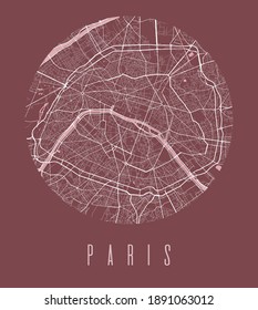 Paris map poster. Decorative design street map of Paris city. Cityscape aria panorama silhouette aerial view, typography style. Land, river, highways, avenue. Round circular vector illustration.