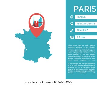 Paris map shape vector infographics template. Modern city data statistic isolated illustration