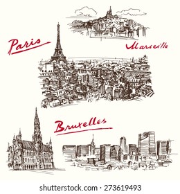 Paris, Marseilles, Brussels - hand drawn set